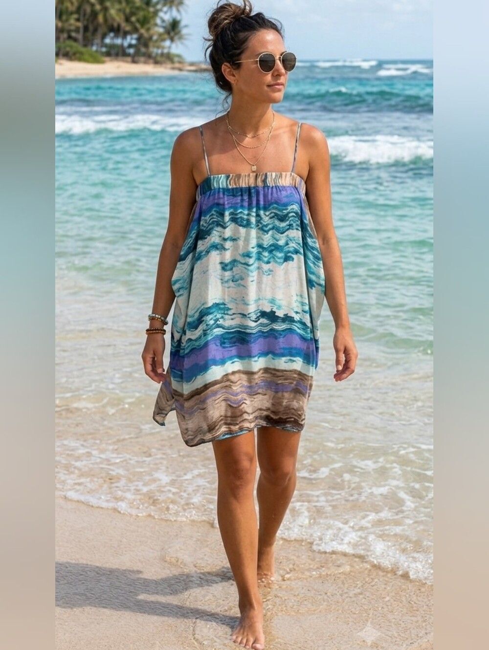 {Echo} 100% silk printed slip dress or tunic swimsuit cover-up